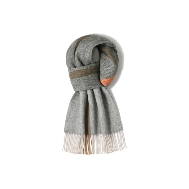 Shanghai Story 100% Cashmere Knit Scarves Unisex Beige And Orange Check Gift Box Set-34