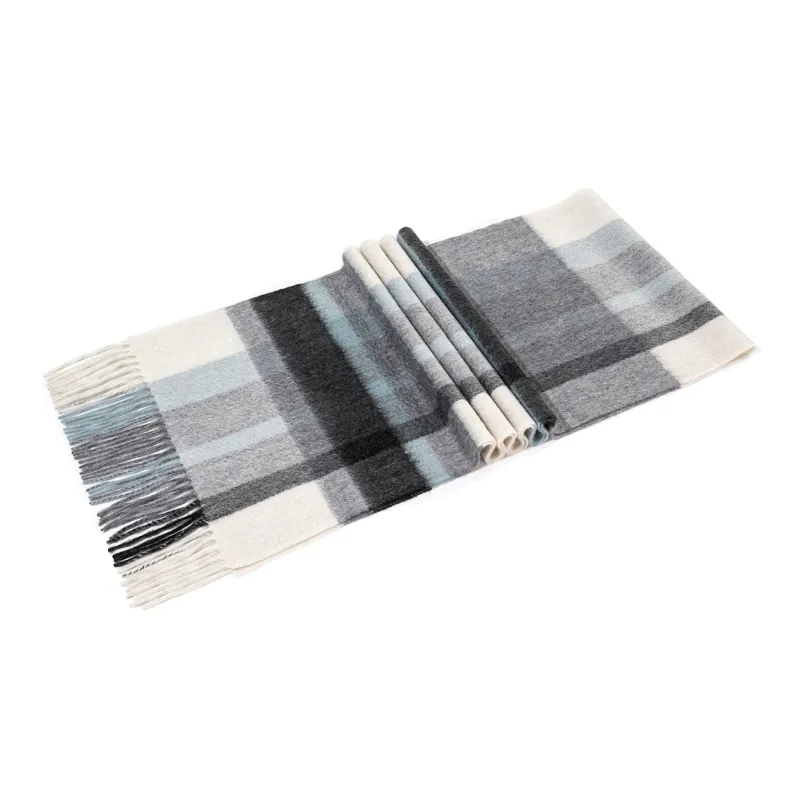 Shanghai Story 100% Cashmere Knit Scarves Unisex Beige And Orange Check Gift Box Set-84