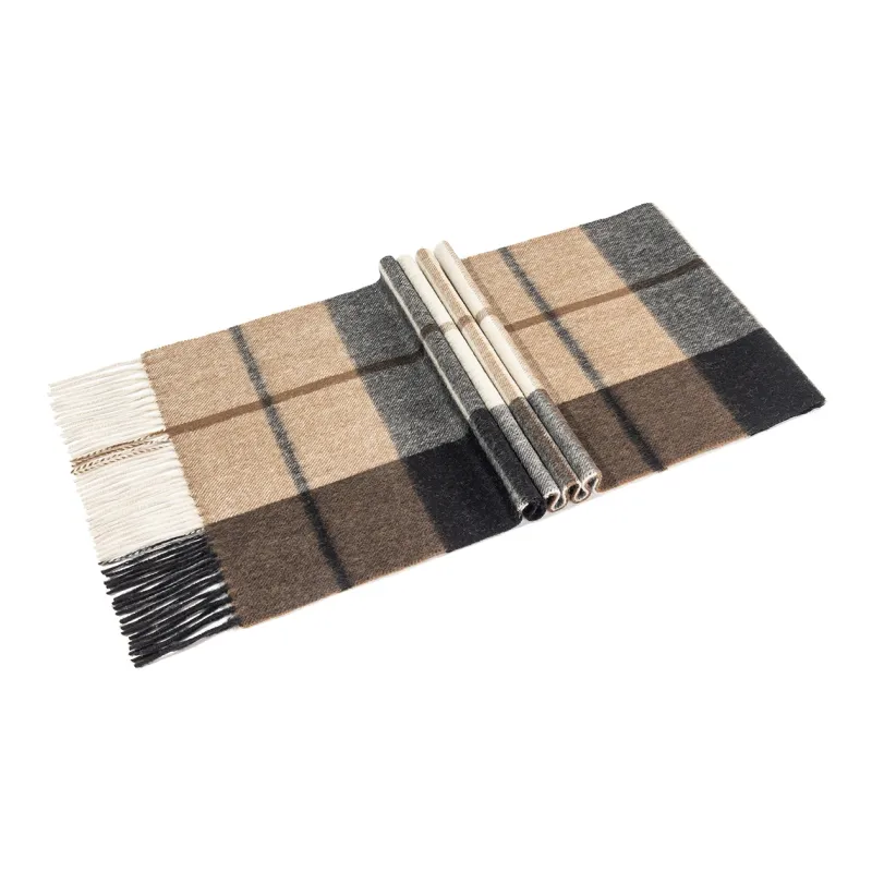 Shanghai Story 100% Cashmere Knit Scarves Unisex Beige And Orange Check Gift Box Set-90