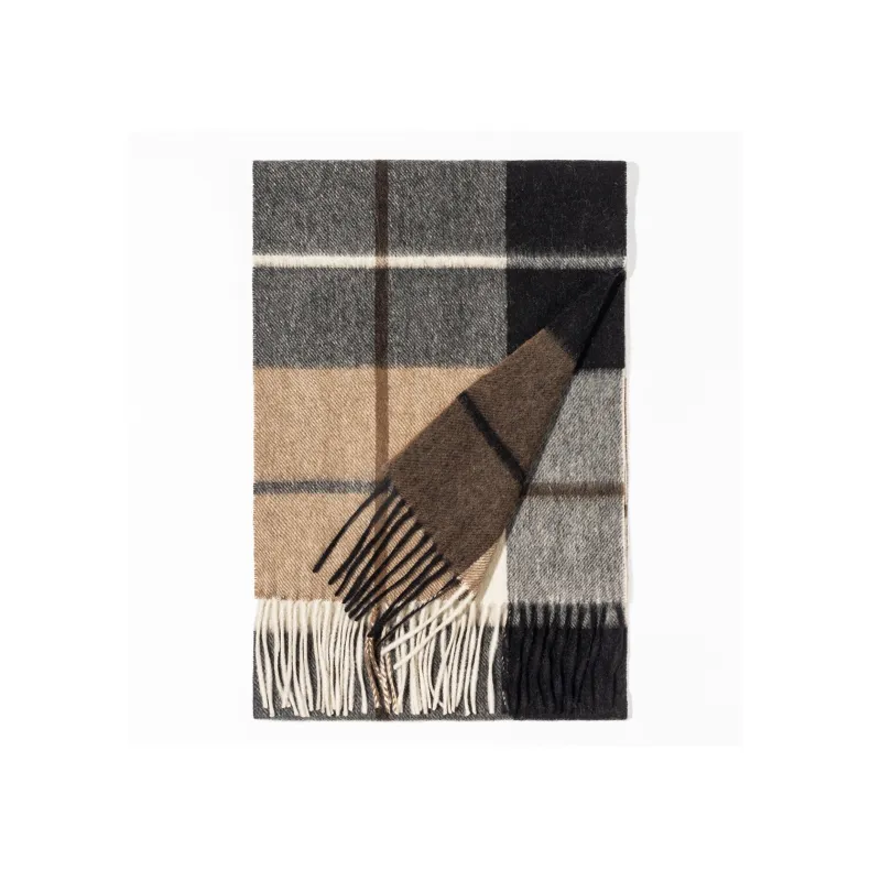 Shanghai Story 100% Cashmere Knit Scarves Unisex Beige And Orange Check Gift Box Set-92