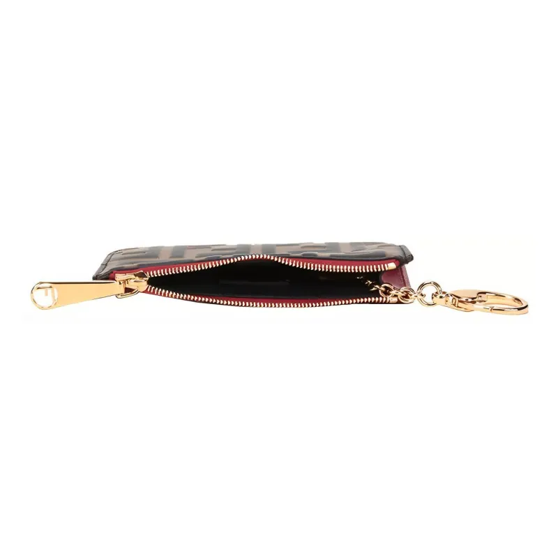 FENDI Calfskin Coin Purse Card Holder Clutch Wallet Women's Red Brown-4