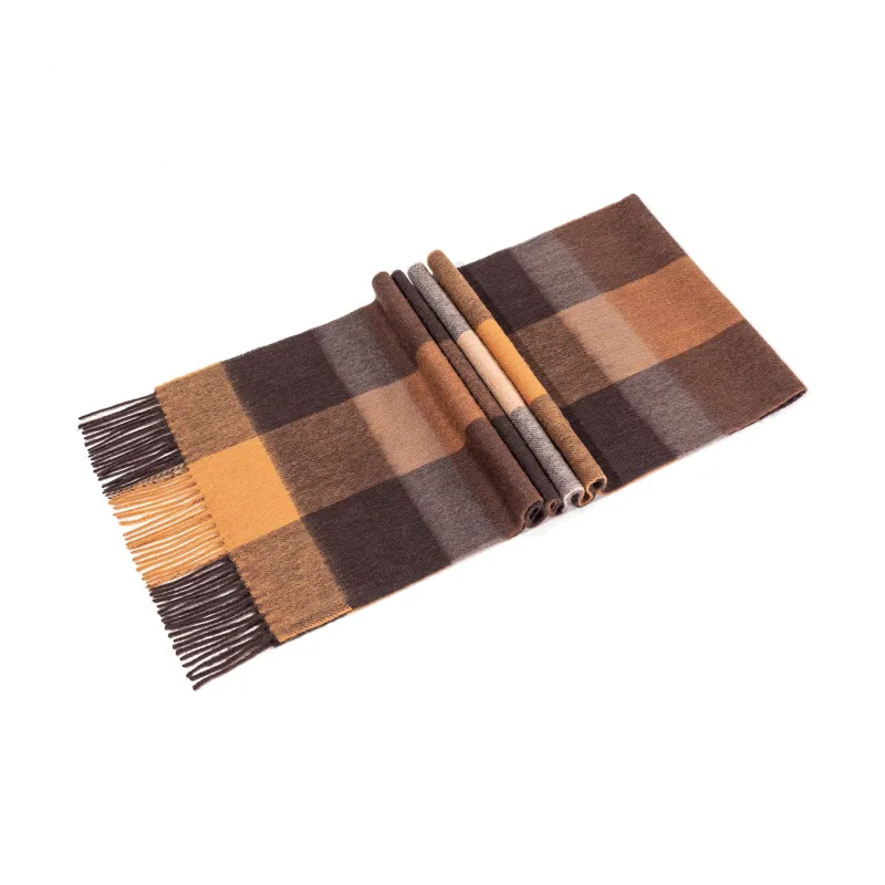 Shanghai Story 100% Cashmere Knit Scarves Unisex Beige And Orange Check Gift Box Set-78