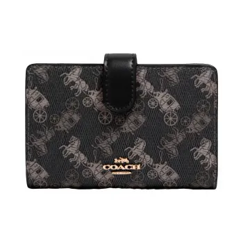COACH Corner Zip Canvas With Leather Wallet Medium Size Women's Black