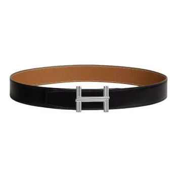 HERMES Brushed Permanent Brass Leather Belts Men's Black 3.8CM