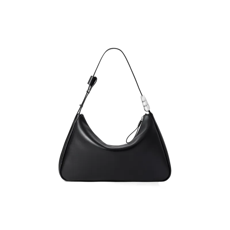 AMAZING SONG Cow Split Leather Shoulder Bag Medium Size Women's Elegant Black/Cream White-2