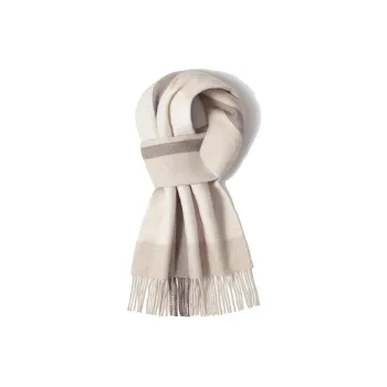 Shanghai Story 100% Cashmere Knit Scarves Unisex Beige And Orange Check Gift Box Set
