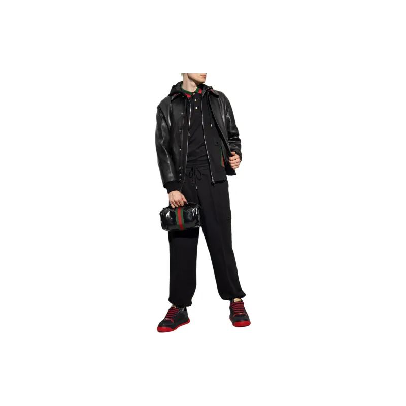 GUCCI Web Striped Detail Leather Bomber Jacket-4