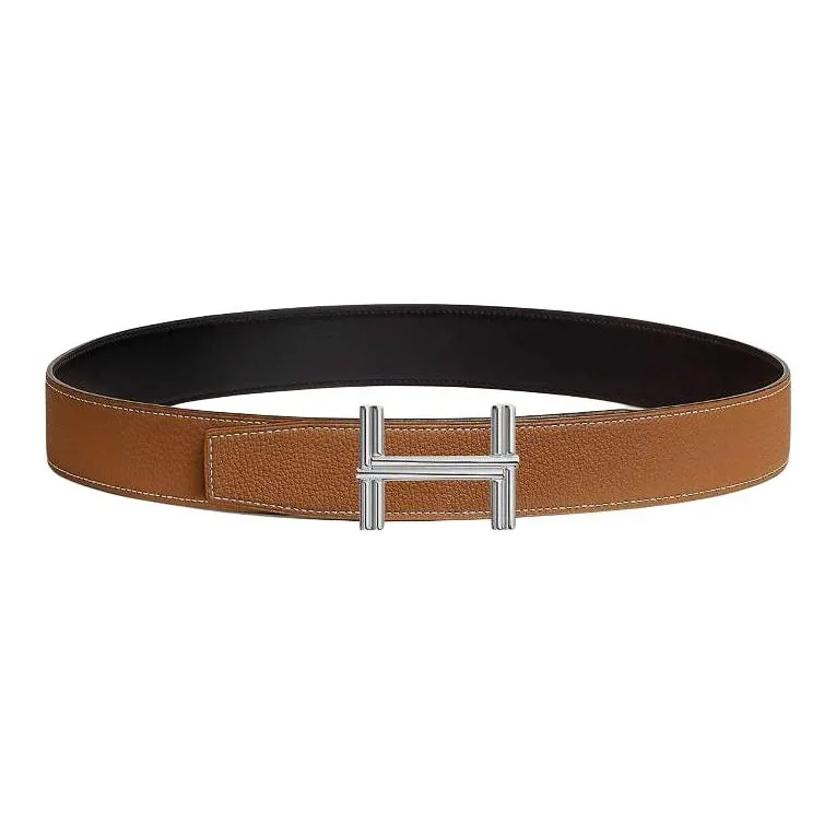 HERMES Brushed Permanent Brass Leather Belts Men's Black 3.8CM-1