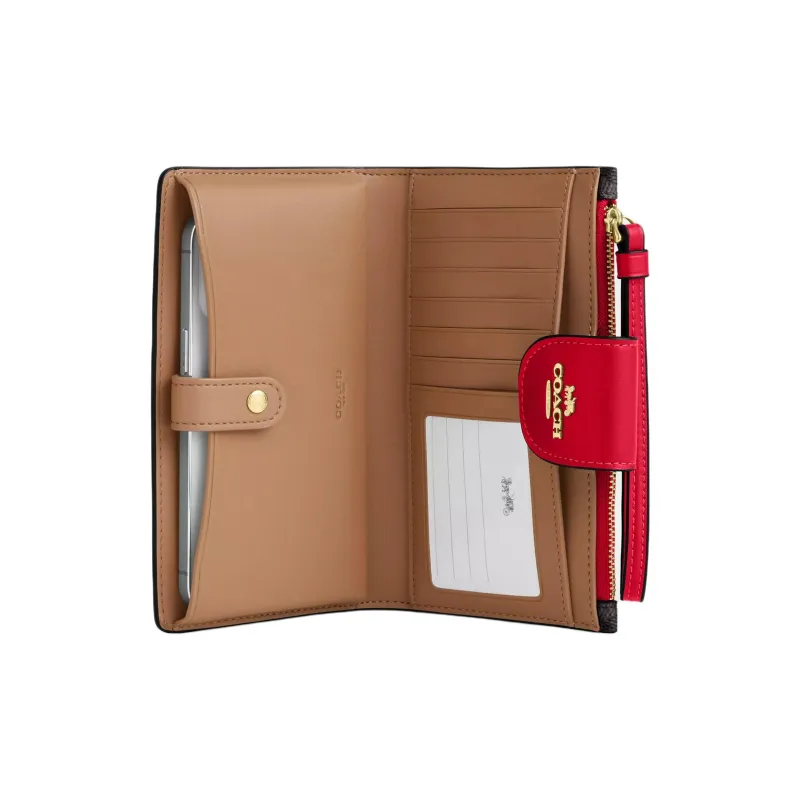 COACH Coated Canvas Wallet Trumpets Women's Walnut Wood & Red-1