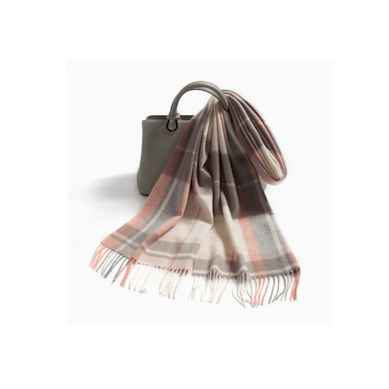 Shanghai Story 100% Cashmere Knit Scarves Unisex Beige And Orange Check Gift Box Set-56