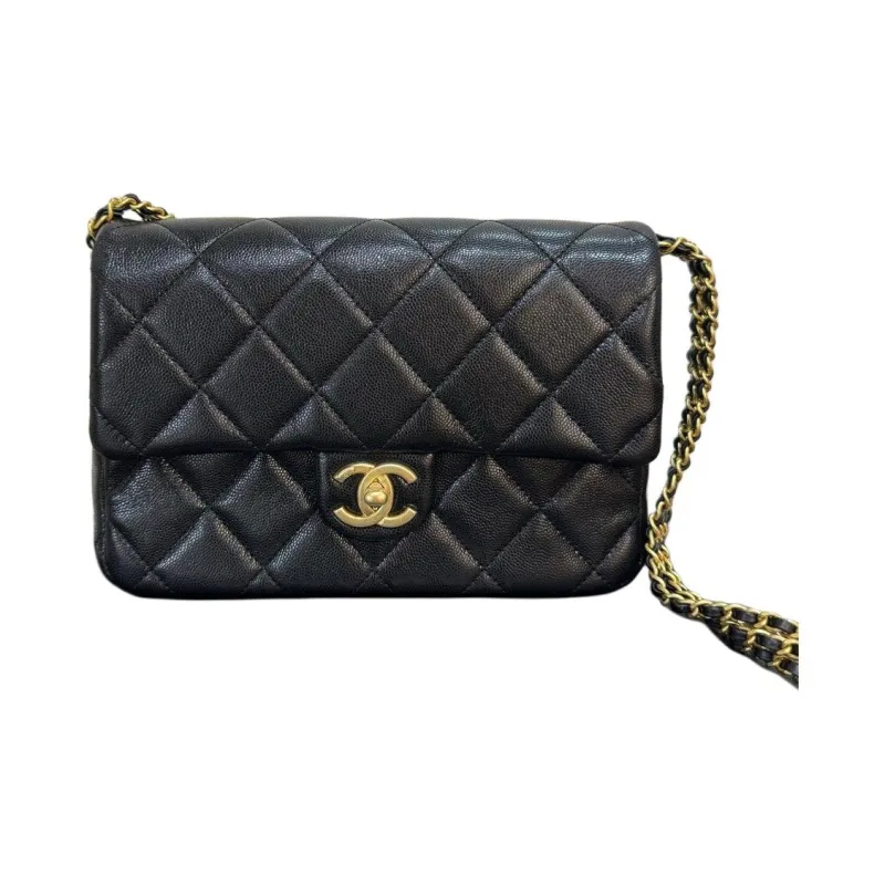 CHANEL Caviar Litchi Grain Cow Leather Shoulder Bag, Crossbody Bag Mini Women's Black-0