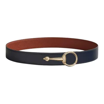 HERMES Calfskin Leather Belts Men's Dark Blue Brown Width 3.8CM