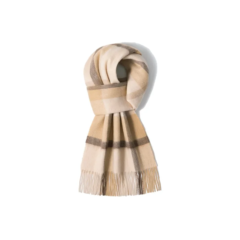 Shanghai Story 100% Cashmere Knit Scarves Unisex Beige And Orange Check Gift Box Set-47