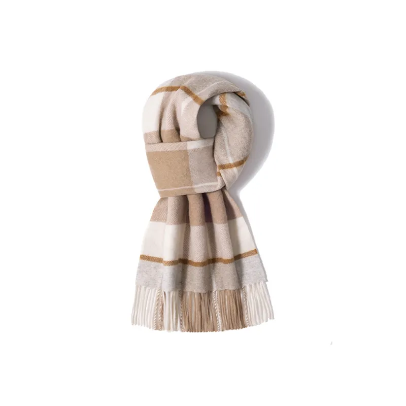Shanghai Story 100% Cashmere Knit Scarves Unisex Beige And Orange Check Gift Box Set-26