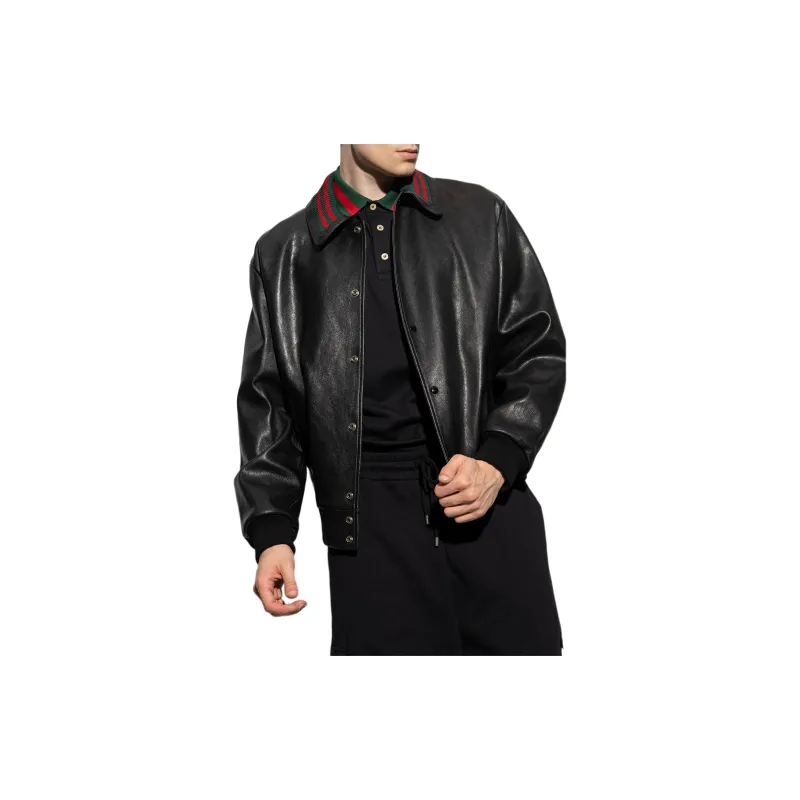 GUCCI Web Striped Detail Leather Bomber Jacket-5