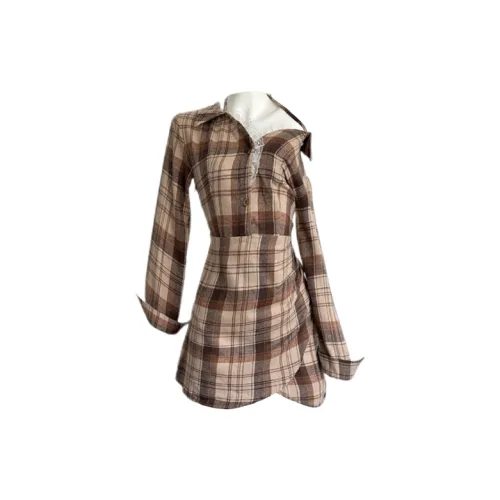 Udon House Long-Sleeved Dresses Women's Coffee Check