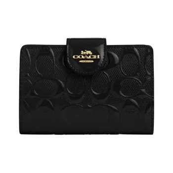 COACH Patent Leather Calfskin Coin Purse, Card Holder Medium Size Women's Black