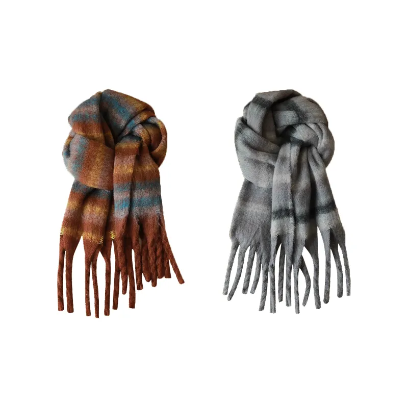 PLAN IN Cotton Polyester Knit Scarves Unisex Gray/Maillard/Green-6
