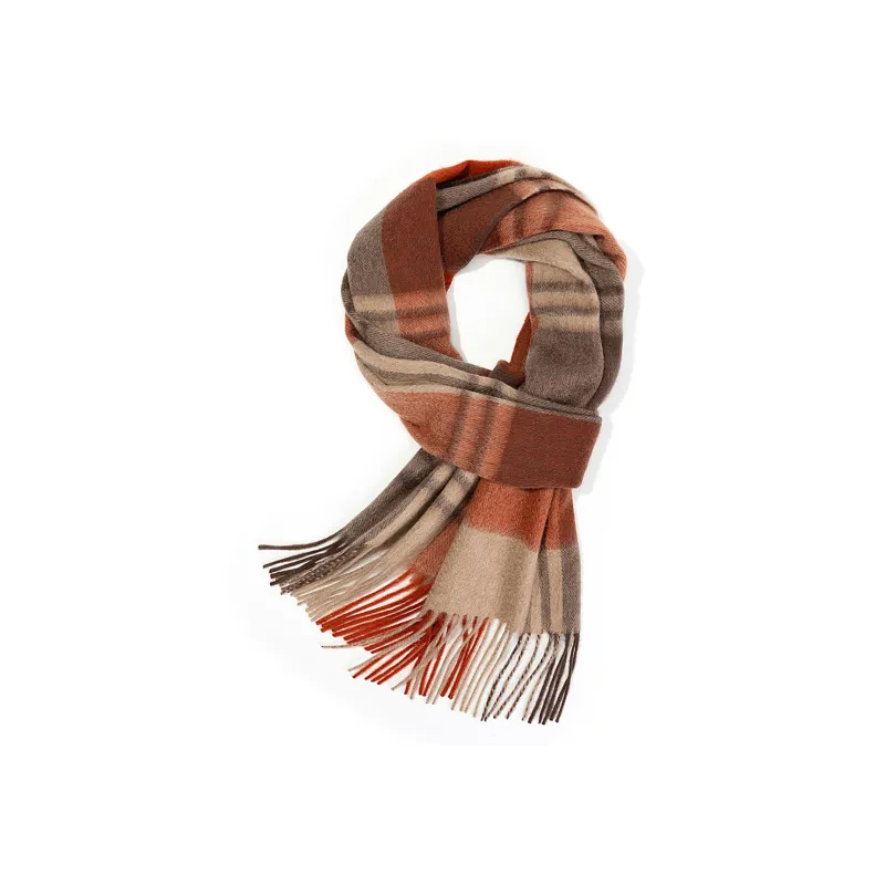Shanghai Story 100% Cashmere Knit Scarves Unisex Beige And Orange Check Gift Box Set-60