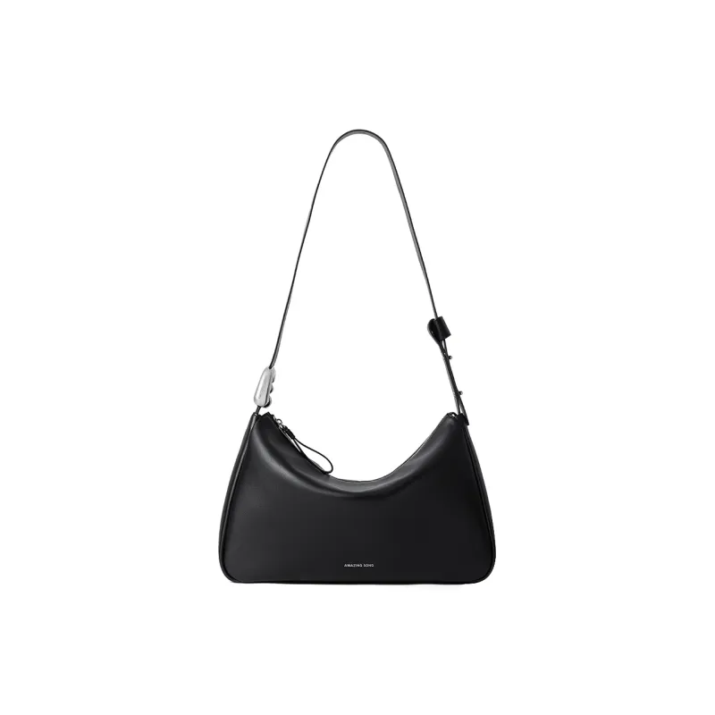 AMAZING SONG Cow Split Leather Shoulder Bag Medium Size Women's Elegant Black/Cream White-4