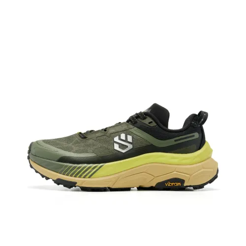 QIAODAN Mountain God 2.0 Running Shoes Men Low-Top Dark Tea Brown Mustard Green