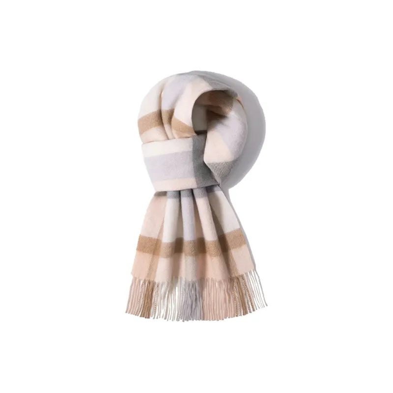 Shanghai Story 100% Cashmere Knit Scarves Unisex Beige And Orange Check Gift Box Set-12