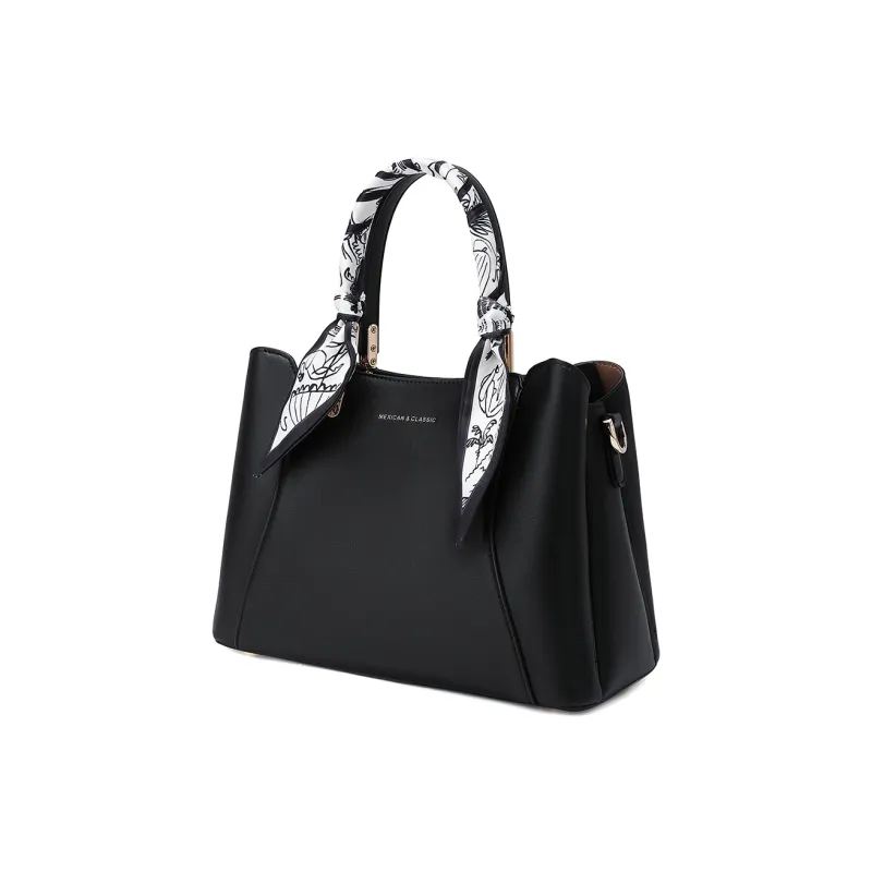 MEXICAN Polyurethane Leather Handbag Tote Bag, Special Tote Bag Medium Size Women's Black/Ecru/Tango Red-3