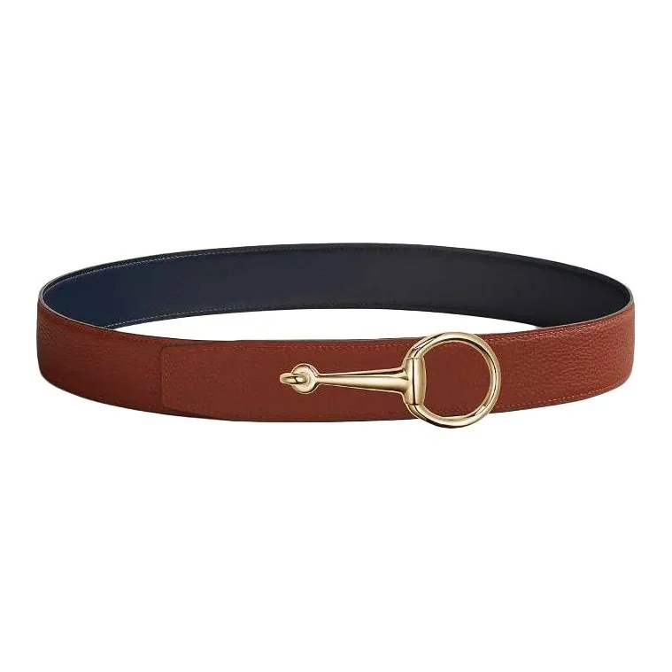 HERMES Calfskin Leather Belts Men's Dark Blue Brown Width 3.8CM-1