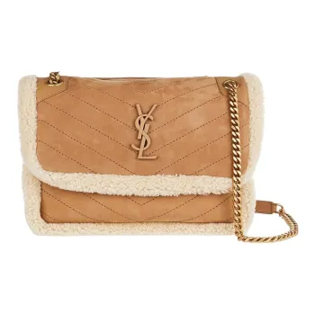 SAINT LAURENT Cowhide Leather Patchwork Wool Hobo Bag, Shoulder Bag, Crossbody Bag Medium Size Women's Camel & Beige