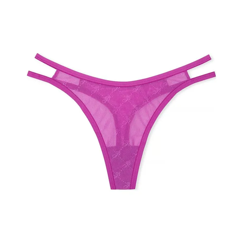 Victoria's Secret PINK Logo Mesh Strappy Thong Panty / Berry Bliss Underpants Women's 1 Pack Fuchsia-0