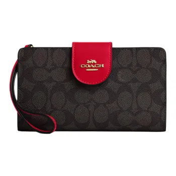 COACH Signature Coated Canvas Wallet Small Size Women's Walnut Wood & Red