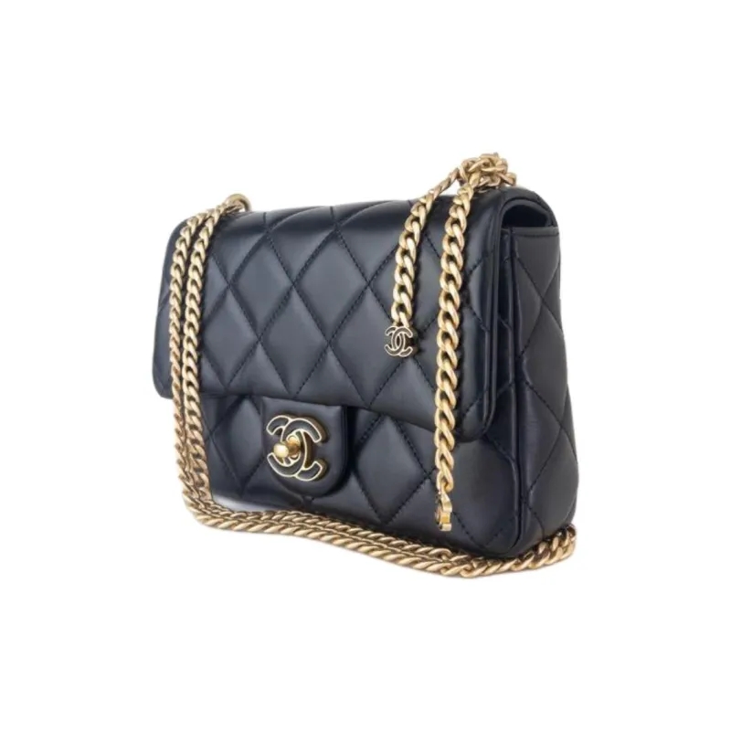 CHANEL Lambskin Enamel Chain Shoulder Bag Crossbody Bag Mini Women's Black-1