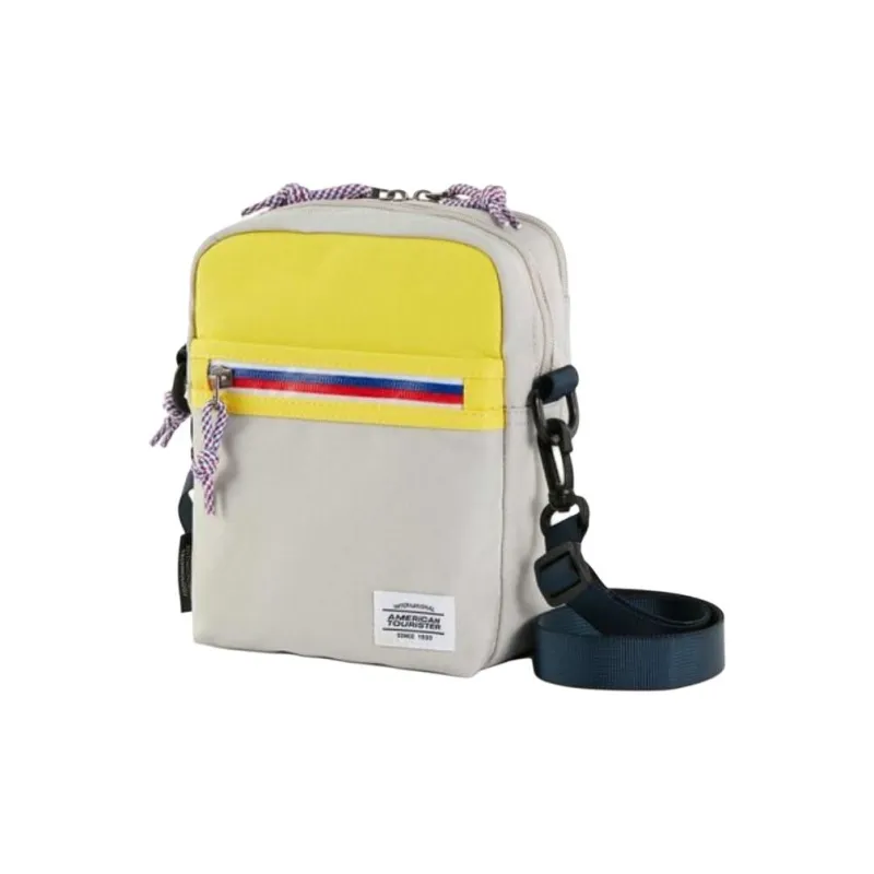 AMERICAN TOURISTER Polyester Shoulder Bag, Crossbody Bag Unisex Silver Gray & Yellow-1
