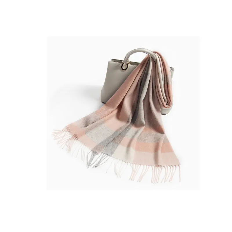 Shanghai Story 100% Cashmere Knit Scarves Unisex Beige And Orange Check Gift Box Set-58