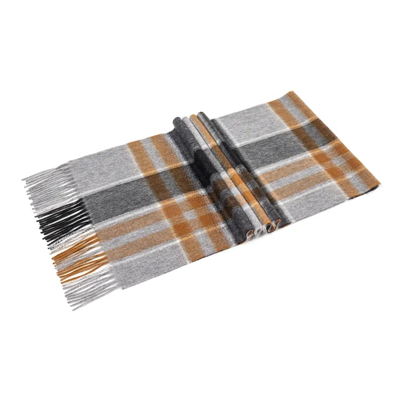 Shanghai Story 100% Cashmere Knit Scarves Unisex Beige And Orange Check Gift Box Set-68