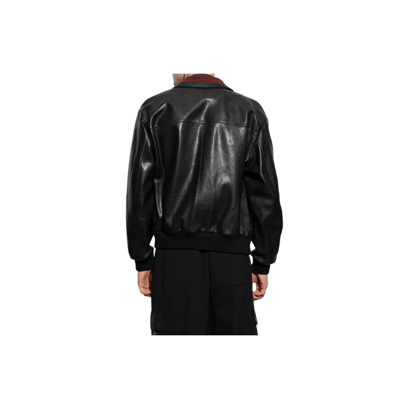 GUCCI Web Striped Detail Leather Bomber Jacket-6