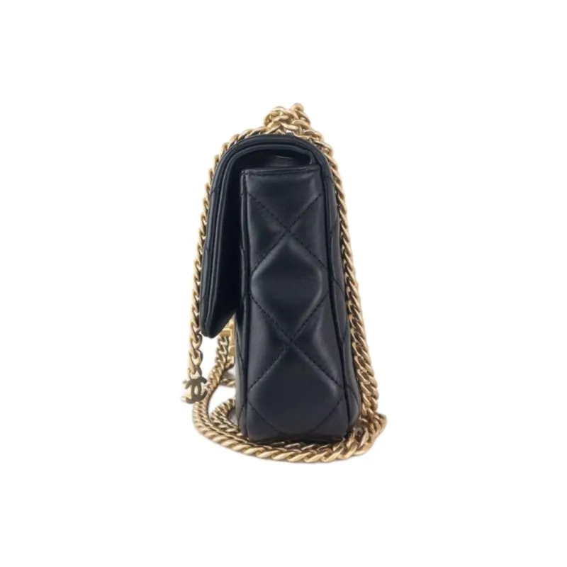 CHANEL Lambskin Enamel Chain Shoulder Bag Crossbody Bag Mini Women's Black-2
