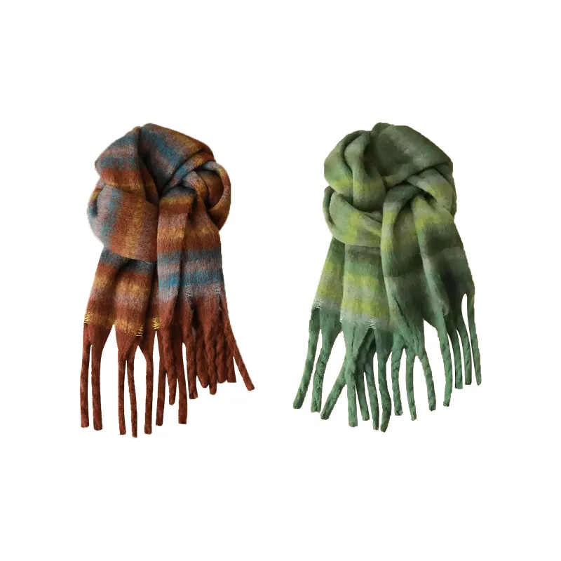 PLAN IN Cotton Polyester Knit Scarves Unisex Gray/Maillard/Green-7