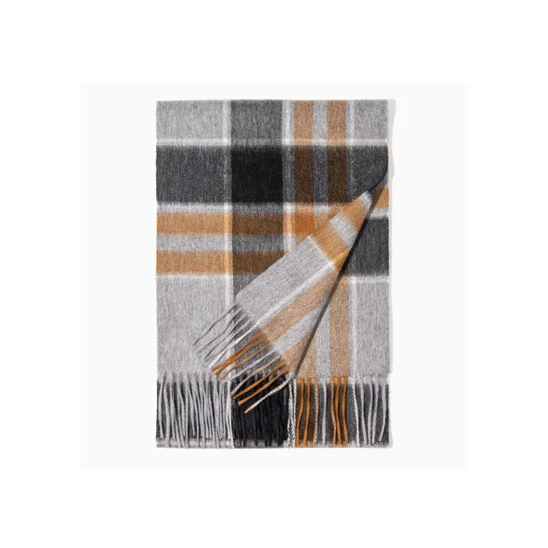 Shanghai Story 100% Cashmere Knit Scarves Unisex Beige And Orange Check Gift Box Set-69
