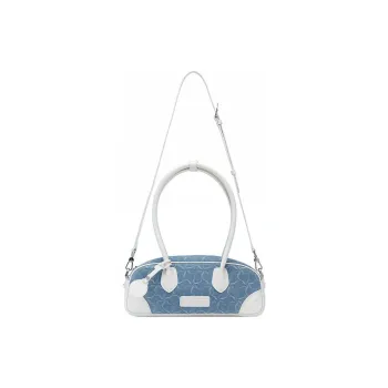 LI NING 1990 Cotton With Cow Leather Handbag, Shoulder Bag, Crossbody Bag Regular Women's White Blue