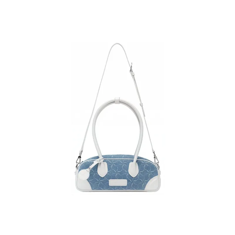 LI NING 1990 Cotton With Cow Leather Handbag, Shoulder Bag, Crossbody Bag Regular Women's White Blue-0