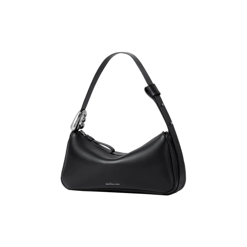 AMAZING SONG Cow Leather Shoulder Bag Regular Small Size Women's Elegant Black/Cream White-0