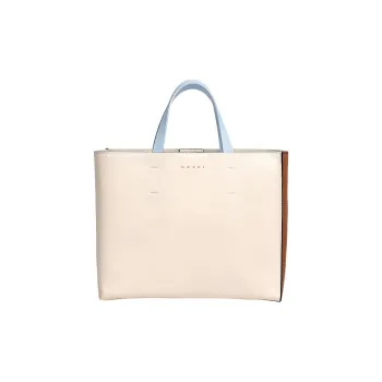 MARNI Leather Tote Bag, Shopping Bag, Handbag Trumpets Women's White Brown/Light Blue