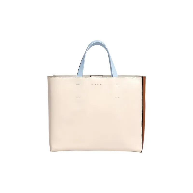 MARNI Leather Tote Bag, Shopping Bag, Handbag Trumpets Women's White Brown/Light Blue-0