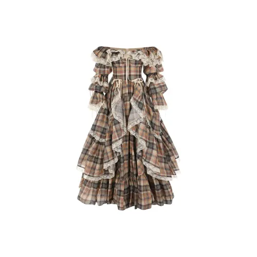 Selkie Collection FW24 Evening Dress Women's Brown Base With Houndstooth Pattern Print