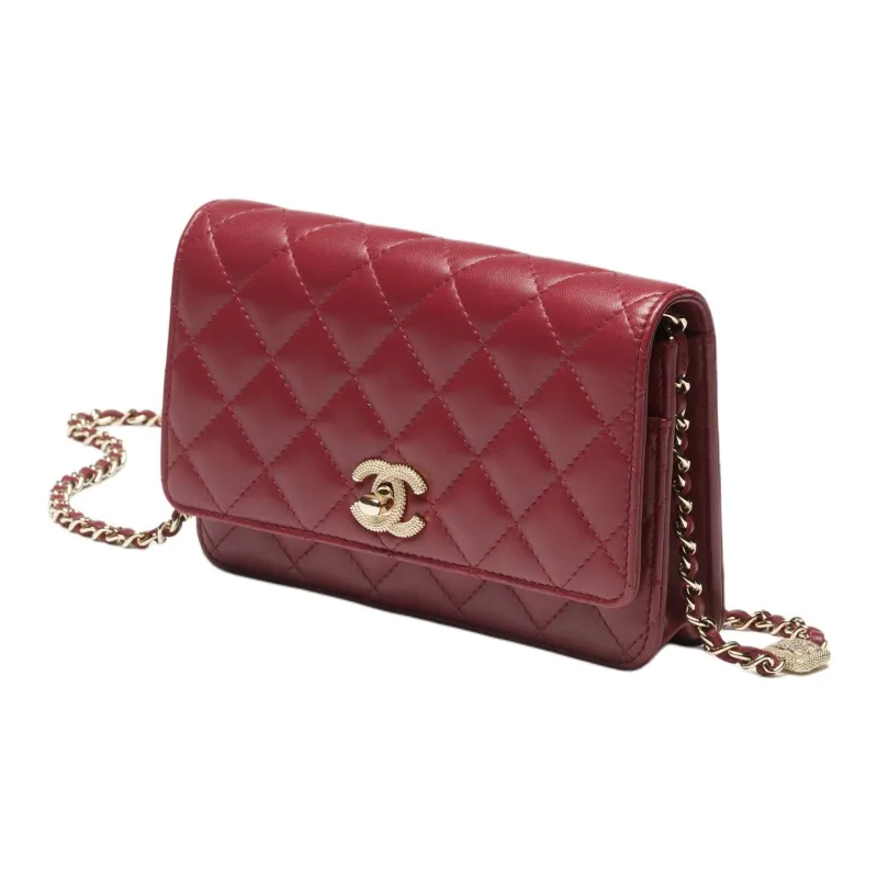 CHANEL Sheepskin With Rhinestone Shoulder Bag, Crossbody Bag, Wallet Women's Burgundy-1