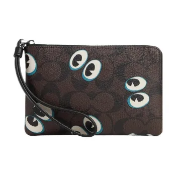 COACH Corner Zip Canvas With Leather Clutch Trumpets Women's Brown Black