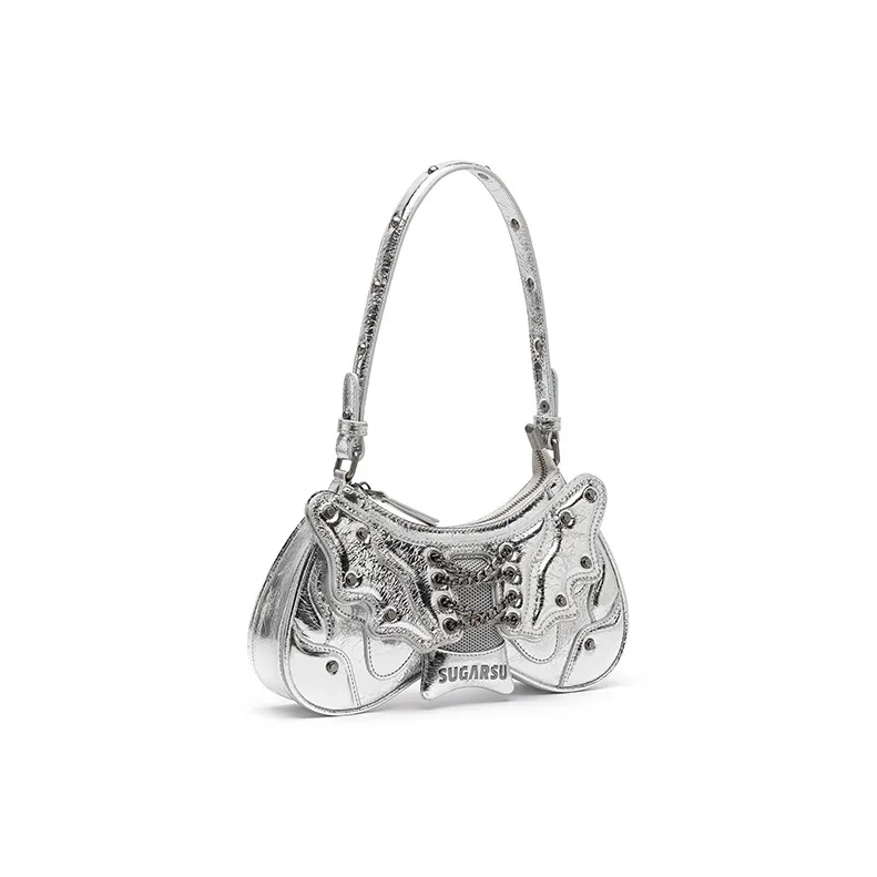 SUGARSU Cow Leather Handbag, Shoulder Bag Medium Size Women's Black/Dark Brown/Silver/Purple/Bright Pink-9