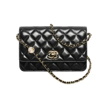CHANEL Lambskin With Artificial Pearl Shoulder Bag, Crossbody Bag, Wallet Women's Black