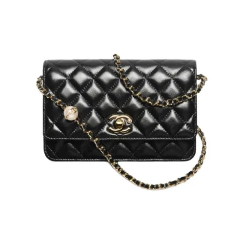 CHANEL Lambskin With Artificial Pearl Shoulder Bag, Crossbody Bag, Wallet Women's Black